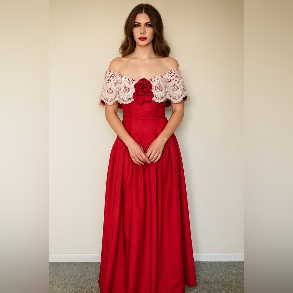 House of Bianchi Vintage 1940s Red Off-Shoulder Lace Gown | Made in USA
